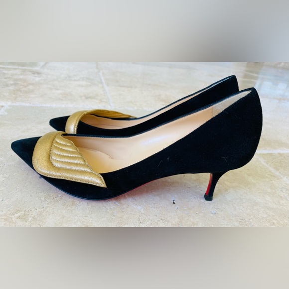 Christian Louboutin Gold Wings Suede Kitten Heel Pumps 7.5 worn once! - Picture 2 of 6